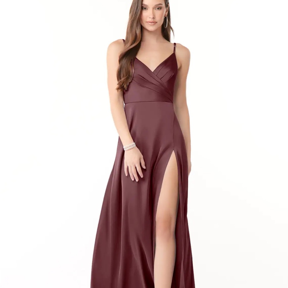 AZAZIE DALILAH Sangria A-Line V-Neck Pleated Stretch Satin Dress